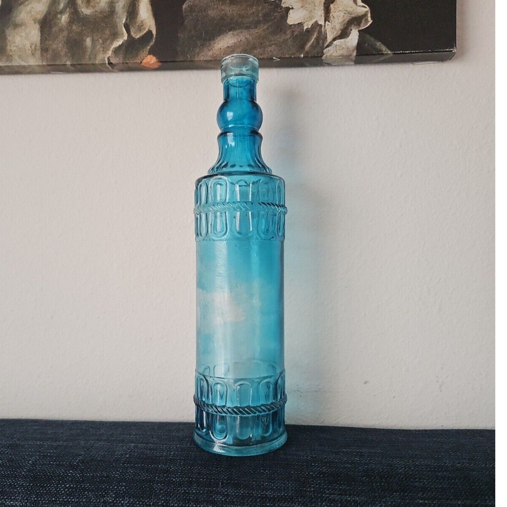 Blue Glass Bottle Vase Decorative Accent‎ Tabletop Decor Vintage Style